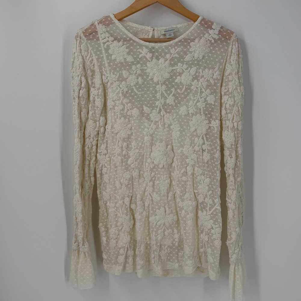 Sundance Floral Embroidered Mesh Lace Long Sleeve Top Cream Ivory Boho Medium